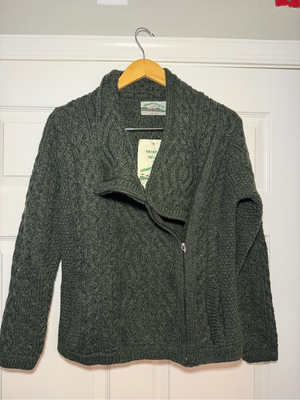 Aran Crafts Olive Green Cable Knit Zip-Front Cardigan- Size M